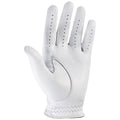 A white golf glove is displayed open with fingers extended showing perforations for breathability designed for grip and comfort typically used in golfing contexts against a neutral background.