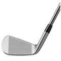 A golf club's iron head is shown angled to one side displaying a smooth metallic face with grooves and lines designed for ball contact, part of a golf set typically used on courses.