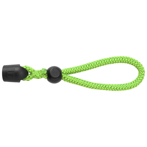 A bright green braided loop is secured by a black plastic fastener at one end while the other end forms a larger circular loop used for fastening or attaching items in various contexts.