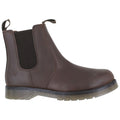 A brown Chelsea boot features a smooth leather surface with elastic side panels and pull tabs for easy wear positioned on a textured rubber sole in a neutral background.