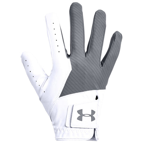 A white and gray golf glove is displayed, featuring a sleek design with a textured gray palm. It rests flat against a plain background, showcasing its material and stitching details.