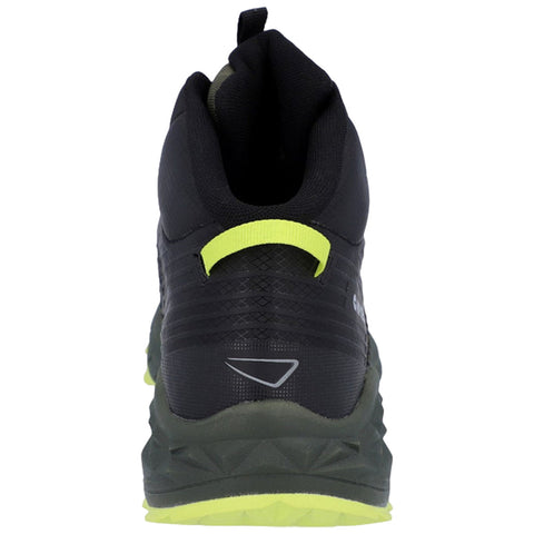 A black running shoe with a textured upper and yellow accents is displayed from the back showing the pull tab and supportive heel structure against a white background.