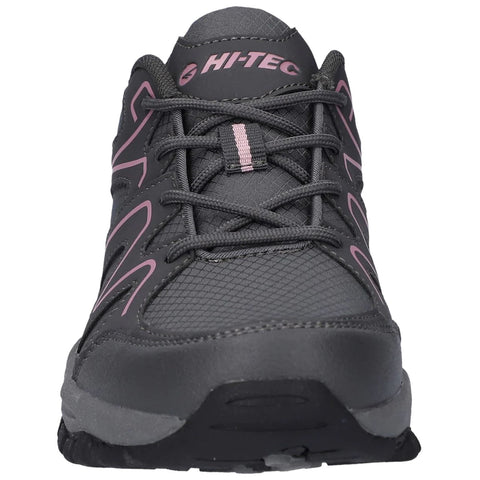 A black athletic shoe with pink accents is prominently displayed facing forward featuring laces and a textured surface suitable for outdoor activities in a neutral background.