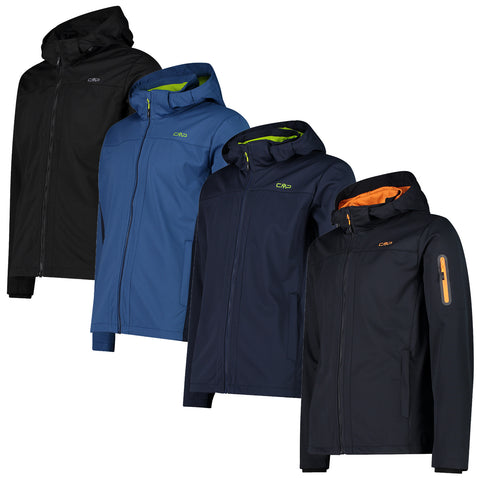 Four jackets are displayed side by side. Each jacket features a hood and a front zipper. They vary in color: black blue dark navy and black with orange accents.