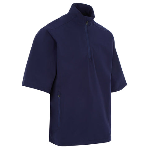 A navy short-sleeved jacket stands upright showcasing a high collar and a half-zip front with two side pockets indicating a casual outdoor style.