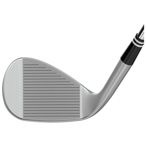 A golf club head is positioned at an angle showcasing its flat striking surface and grooves designed for grip and control during a swing on a golf course.