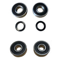 Four small roller bearings are arranged in two pairs with spacers between them on a plain background. The bearings are designed for rotational movement in machinery contexts.