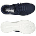 Navy blue athletic slip-on shoes are displayed with a textured upper and white sole showing the shoe's lightweight design they are positioned against a plain background.