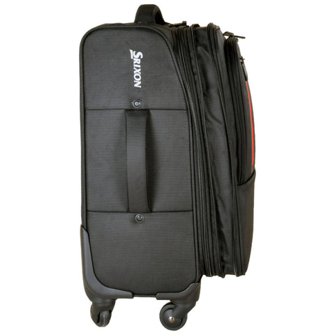 A black wheeled travel bag stands upright featuring a handle and two zippers on the side suggesting it is designed for carrying personal items during travel.