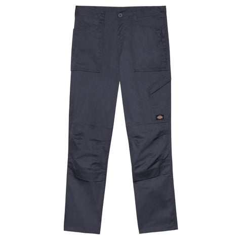 Dark gray cargo pants with multiple pockets are displayed flat. They feature a button closure and reinforced knees, designed for utility and durability in various work environments.