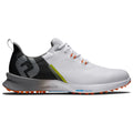 A white golf shoe features a textured black heel and orange accents while providing enhanced grip and stability on the outsole suitable for use on golf courses.