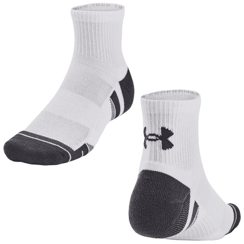 White athletic socks with black accents are displayed upright showing their textured fabric and logo. The design suggests comfort and support for sports or exercise activities.