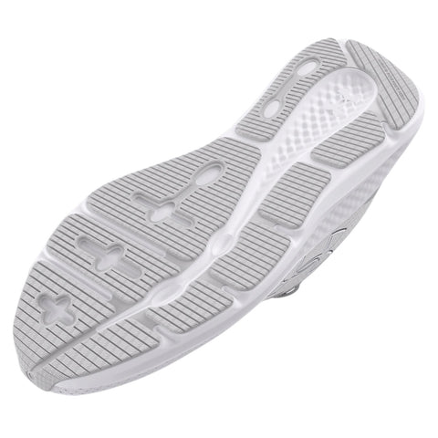 A sneaker sole is featured prominently showcasing its textured surface and grooves indicating wear on white and gray rubber in a neutral background suggesting a focus on the shoe design.