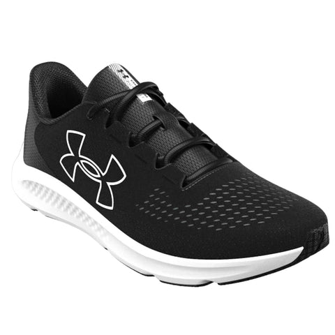 A black athletic shoe features a breathable mesh upper with a white logo and a contrasting white sole showcasing a sleek design ideal for running or casual wear.