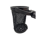 A black mesh net catchment device is positioned upright with a circular top and a handle on the side used for collecting debris in water or similar environments.