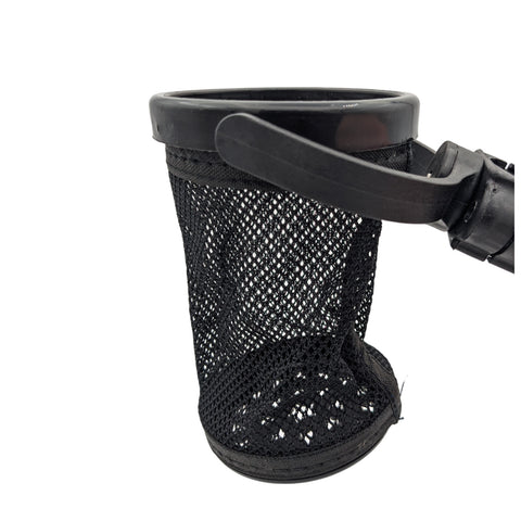 A black mesh net catchment device is positioned upright with a circular top and a handle on the side used for collecting debris in water or similar environments.