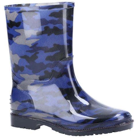 A blue camouflage rain boot stands upright showcasing its glossy exterior and rubber sole designed for wet conditions often worn during rainy weather or outdoor activities.