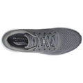 A gray athletic shoe with a breathable mesh upper features a cushioned insole and laces intricately woven through eyelets in a straightforward design suitable for comfort and support during activity.