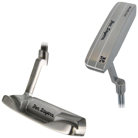 A silver golf putter rests on a white background showcasing its sleek design with engraved markings including Ben Sayers and XF pro indicating brand and model on the clubhead.