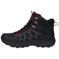 A black hiking boot with red accents features a high ankle design and textured sole laces are threaded through metallic eyelets and it is presented against a plain background.