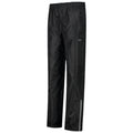 Black waterproof pants stand upright showcasing a smooth texture with an elastic waistband and side pockets designed for outdoor activities in wet conditions. A reflective stripe runs along the lower leg.