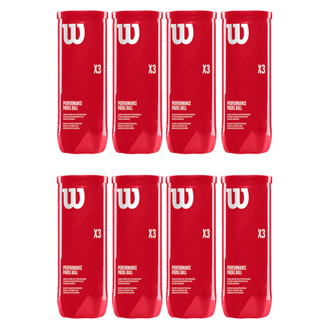 Red containers branded with a white logo display "X3 PERFORMANCE PADEL BALL" stacked in two rows of four, illustrating a product designed for padel sports.