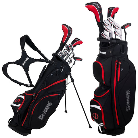 A black and red golf bag stands upright displaying several golf clubs with protective covers the bag features adjustable straps and multiple zippered pockets for storage in a sporty design.