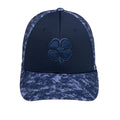 A dark navy cap features a prominent embroidered four-leaf clover on the front and a patterned visor, suggesting a casual style suitable for outdoor activities or everyday wear.