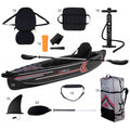 A black kayak with red accents is displayed alongside accessories including a seat a pump paddles a backpack and other components organized neatly on a white background.