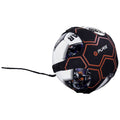 A black and white soccer ball is secured with a black harness attached by a string indicating it is designed for training or practice in a controlled environment.