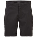 Black shorts are displayed frontally showcasing their sturdy fabric and multiple zip pockets suitable for outdoor activities in a casual or active wear environment.