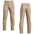 Light beige trousers displayed from the front and back showcasing a slim fit design with a flat front and two back pockets set against a plain white background.