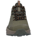 A green outdoor shoe with a textured surface and orange accents sits facing forward. Its laces are tightly secured, designed for rugged terrain and active use.