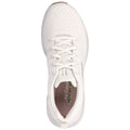 A white athletic shoe displays a breathable upper with laces neatly tied resting on a flat surface highlighting its design and cushioned interior meant for comfort during activities.