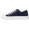 Navy blue sneaker with a white rubber sole and cap toe is displayed sideways featuring laces and a logo tag on the side emphasizing a casual style suitable for everyday wear.