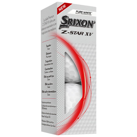 A box of Srixon Z-STAR XV golf balls is displayed standing upright against a textured white background. The box features red accents and text detailing its performance features.