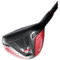 A golf club head designed for distance featuring a sleek black and red design with grooves for aerodynamics displays the number 21 and the brand name MacGregor.