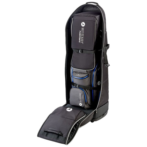 A black golf travel bag stands upright with a zippered opening revealing compartments and pockets for clubs and accessories. The environment suggests preparation for a golf trip or storage.