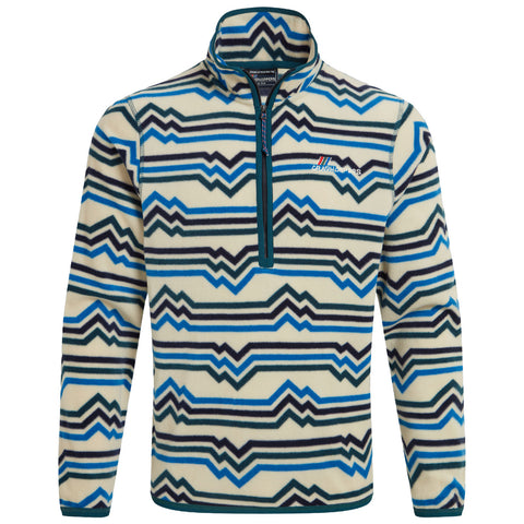 A patterned fleece jacket features a zippered neck and geometric designs in blue black and cream colors displayed against a neutral background suggesting a casual, outdoor clothing context.