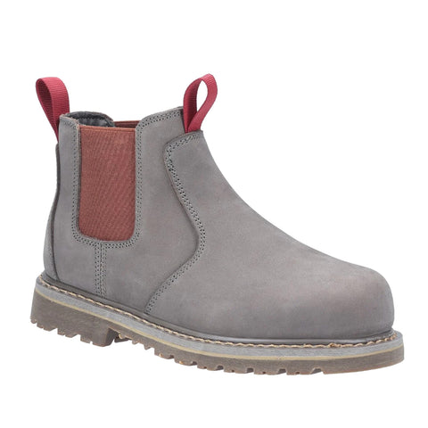 A gray chelsea boot features a slip-on design with a textured maroon elastic panel and red pull tabs for easy wear the sole is rugged for traction in various environments