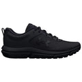 A black athletic shoe sits on a flat surface showcasing a textured upper with a logo on the side laces threaded through eyelets and a cushioned sole designed for comfort.