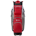 A red and gray golf bag stands upright featuring multiple zippered compartments for storage. The bag is branded with the name Srixon and is typically used on golf courses.