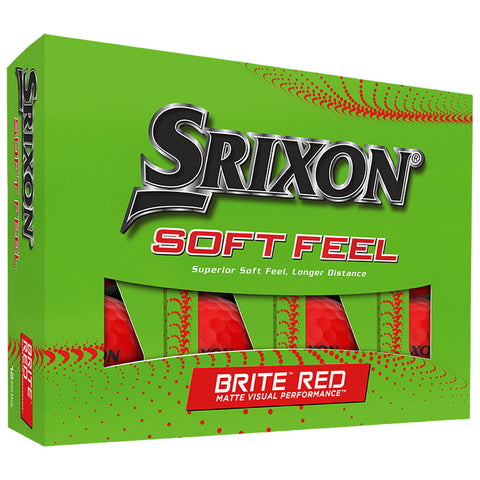 A green packaging box contains four red golf balls labeled Srixon Soft Feel showcasing their superior soft feel and longer distance capabilities in a bright design.