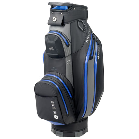 A golf bag stands upright featuring a sleek black exterior with blue accents multiple storage pockets and a cooler compartment designed for carrying golf clubs and accessories in outdoor settings.