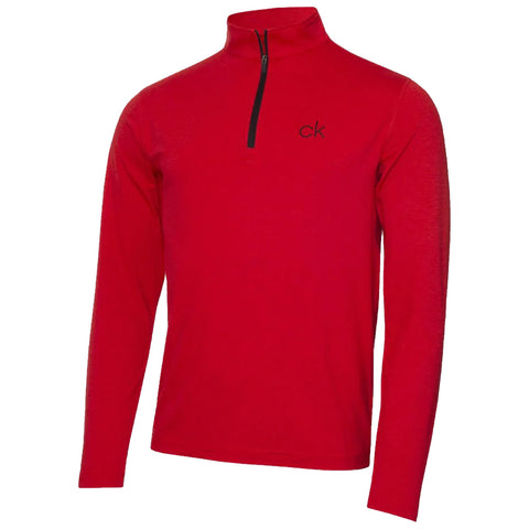 A red long-sleeve pullover with a quarter zip features a small black logo on the left chest and has a simple, clean design suitable for casual wear.