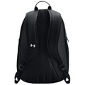 A black backpack stands upright showing its padded straps and textured surface designed for comfort and durability in various environments like school or travel