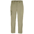 Khaki cargo pants feature a relaxed fit with a button closure and an elastic waistband, incorporating side pockets for utility, displayed on a plain white background.