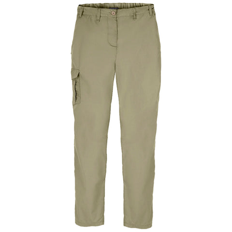 Khaki cargo pants feature a relaxed fit with a button closure and an elastic waistband, incorporating side pockets for utility, displayed on a plain white background.