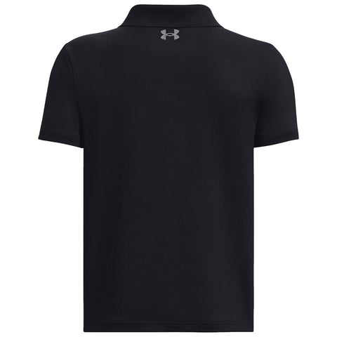 A black polo shirt hangs vertically displaying a smooth fabric texture and a collar with short sleeves the Under Armour logo is visible at the back near the neck area