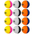 A grid of twelve colorful golf balls showcases a variety of colors including pink yellow white black orange and blue each ball features a textured surface and a logo with curved script.